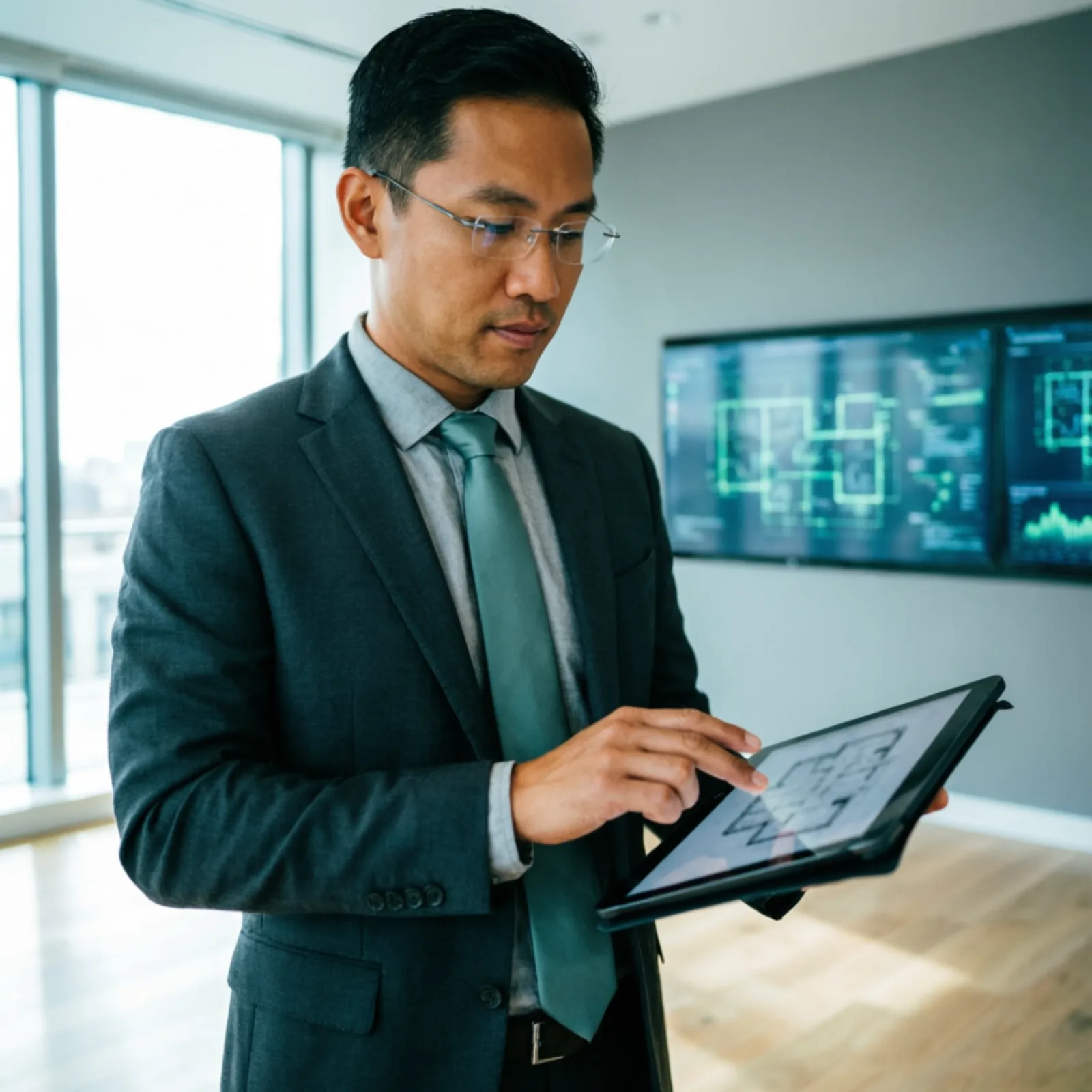 Consultor analisando planta em tablet